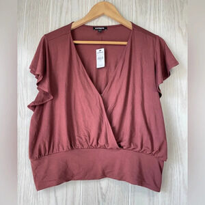 Express Merlot Faux Wrap Flutter Sleeve Top Size XL NWT